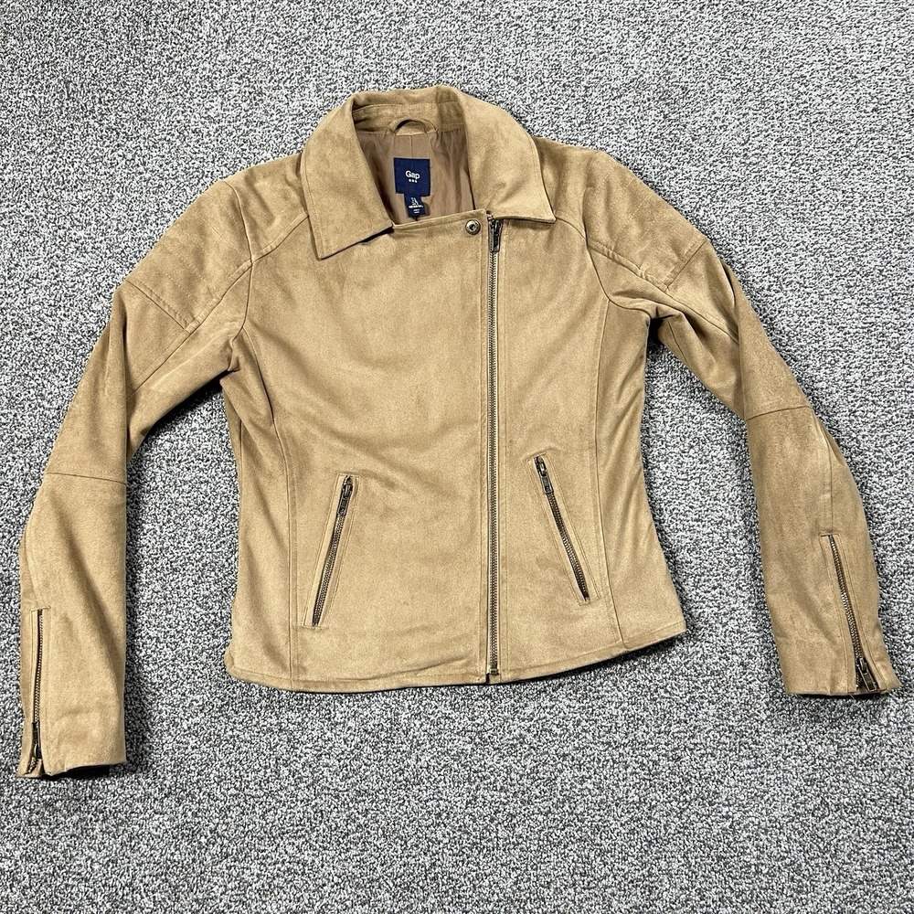 Gap Jacket Womens 4 Tan Suedette Moto Asymmetrical Zip‎ Pockets Faux Suede